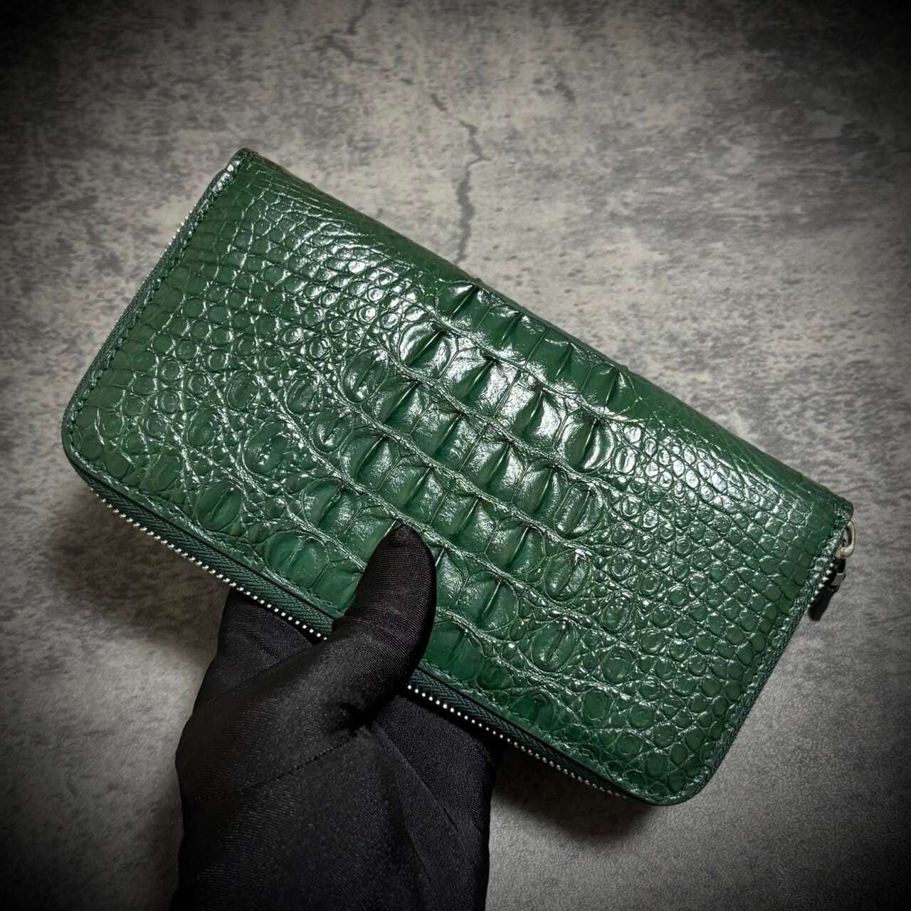 クロコダイル シャムワニ【一枚革】ホーンバック メンズ 長財布 グリーン クロコダイル シャムワニ【一枚革】ホーンバック メンズ 長財布