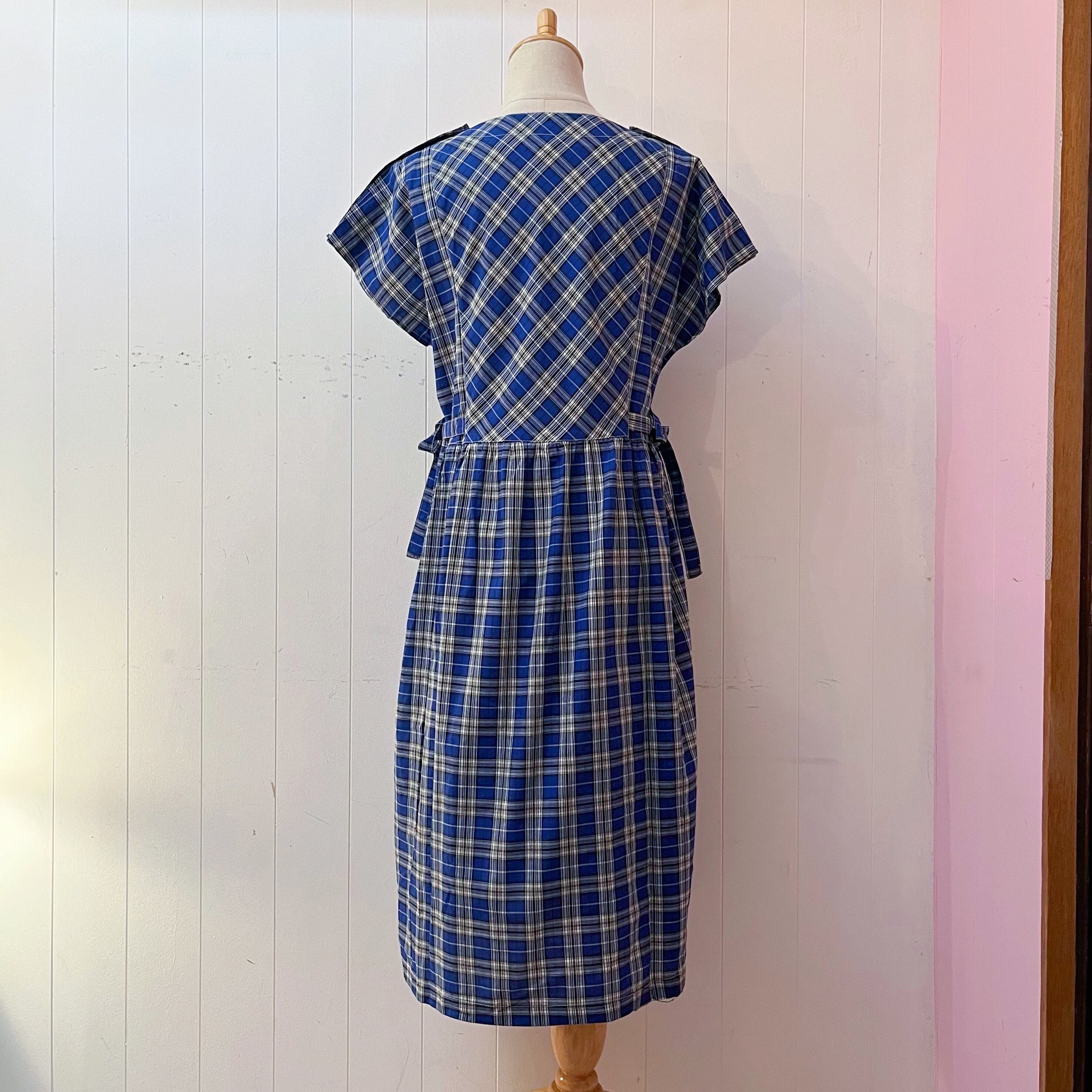 blue white check cotton one-piece