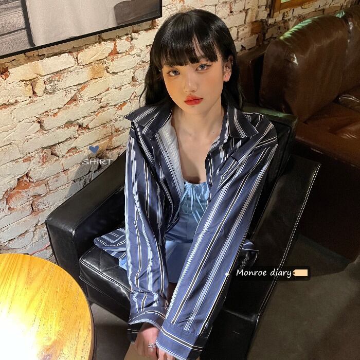 スタンダード薄手ルーズストライプシャツ レディーススプリングジャケット ロング レトロ 春物 モンロー55919487450