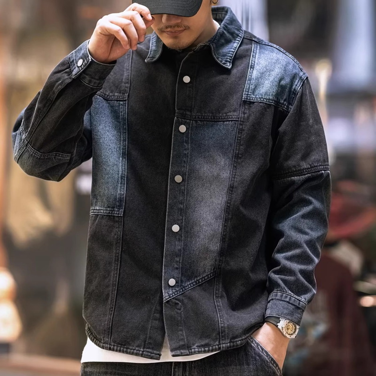 Button Front Long Sleeve Patchwork Style Coverall ◇2color H0896