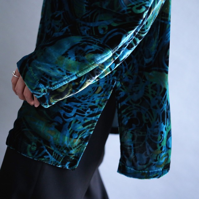 "翡翠" beautiful art pattern mao-collar velours shirt