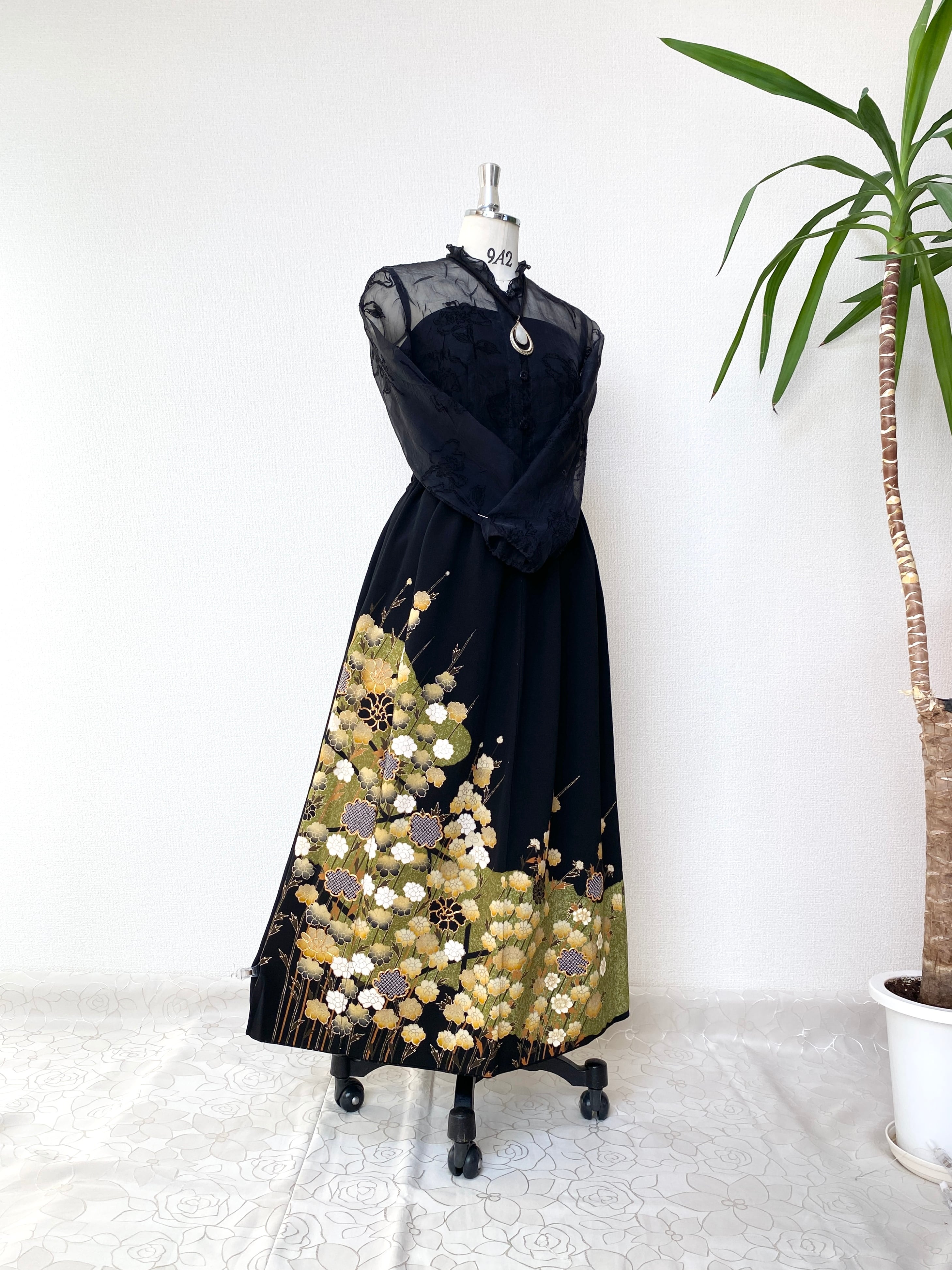 大人可愛いセレブ着物スカートフリーサイズ黒留袖着物リメイクロングスカート5850 大人可愛いセレブ着物スカートフリーサイズ黒留袖着物リメイクウエスト