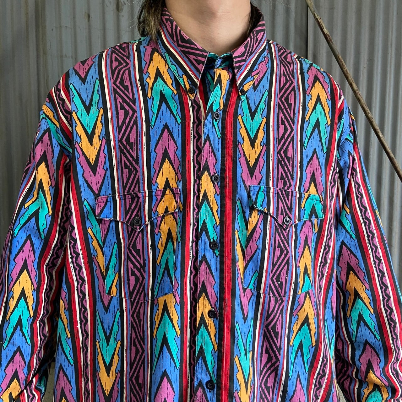 PLAINSMAN ネイティブ柄 長袖 ウエスタンシャツ メンズL相当 古着 総柄 