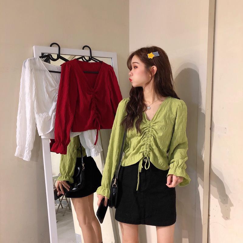 2020年春の新しい女性の巾着レースセクシーなVネックトランペットスリーブ長袖シャツホワイトライト成熟した上着 1号婦人29733836141