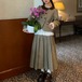 【2点セット】配色ラウンドカラーダブルボタンジャケット+プリーツスカート ・79141