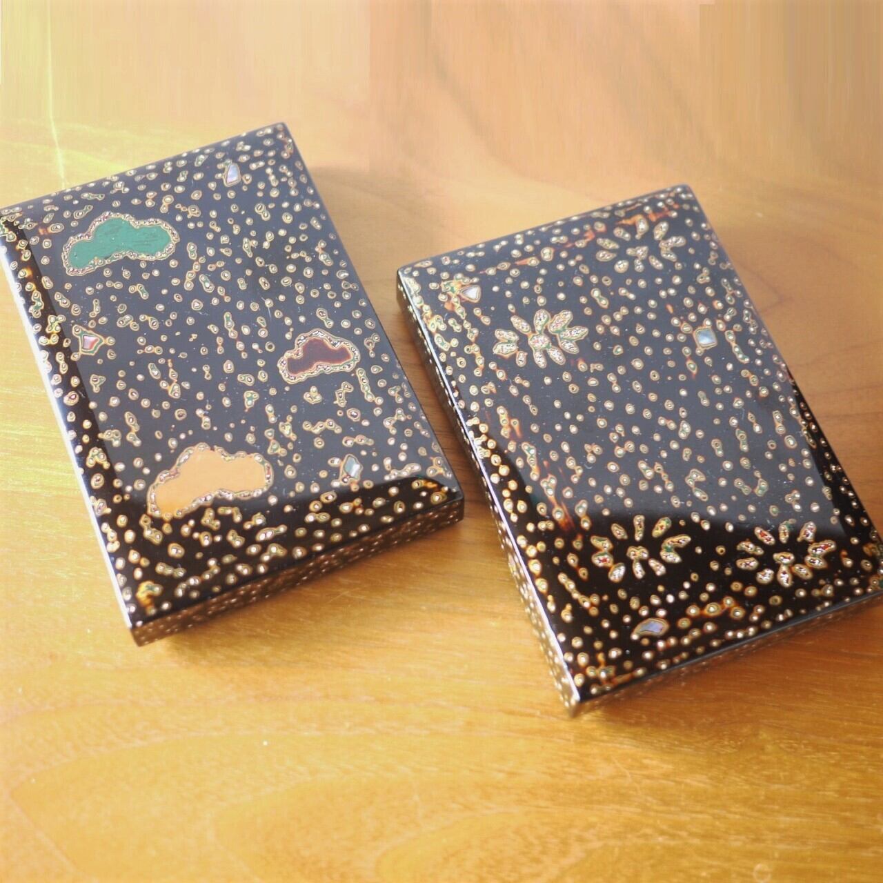 若狭塗 はがき箱2個 小物入れ 菊塵塗 金箔青貝 螺鈿漆器