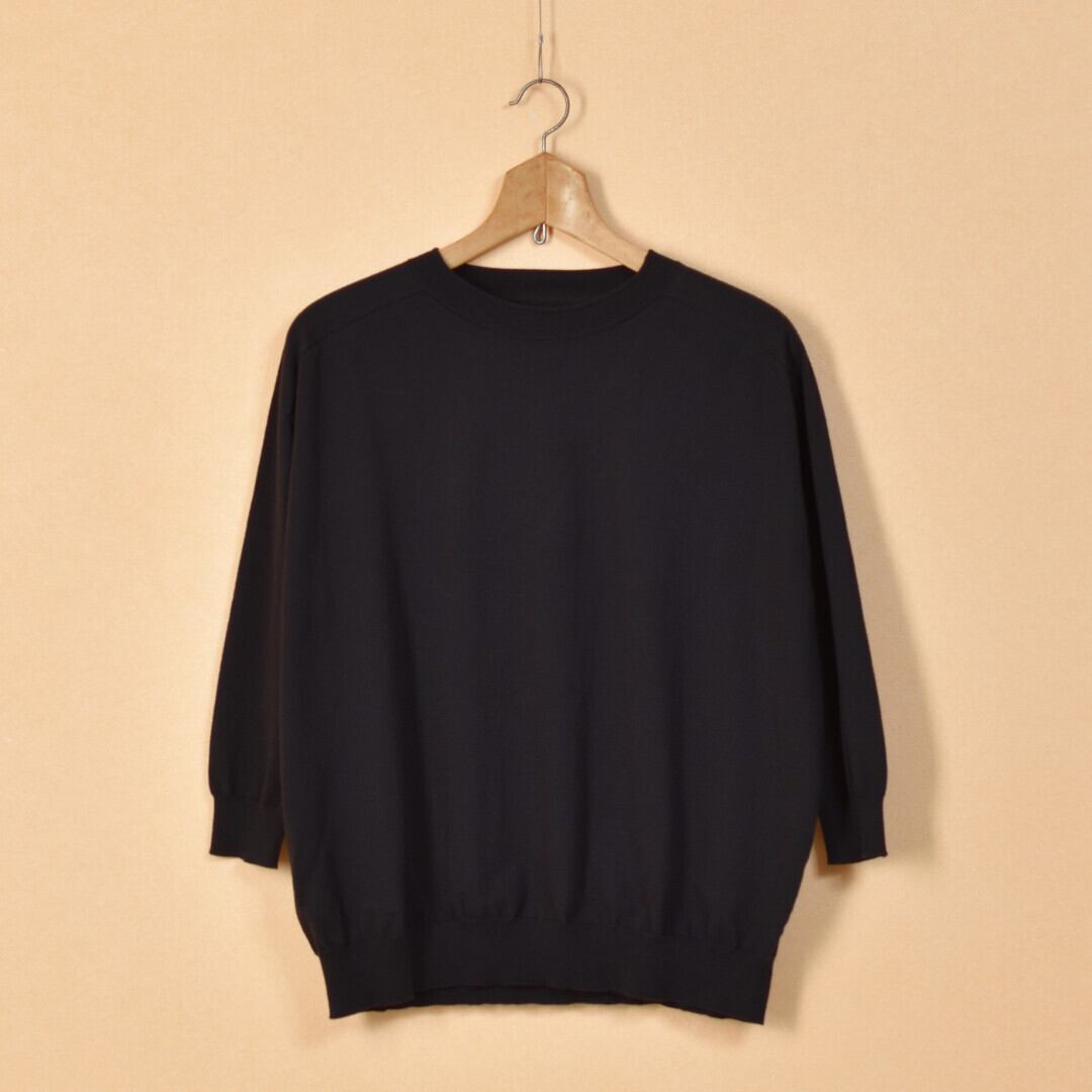 LinenYa リネンや クルーネック7分袖コットンニット・ブラック 柔らかく着心地の良いニットです