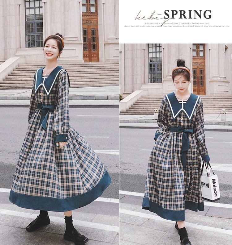 送料無料】レディース セーラーワンピース チェック柄 ロング