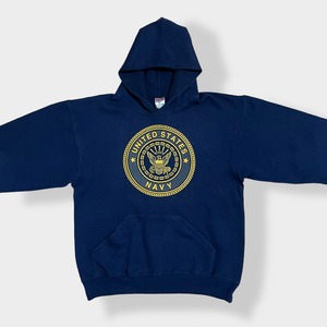 【SOFFE】USA製 ロゴ プリント UNITED STATES NAVY バックプリント パーカー プルオーバー スウェット フーディー hoodie M ネイビー ソフィー 米軍 アメリカ軍 ミリタリー us古着