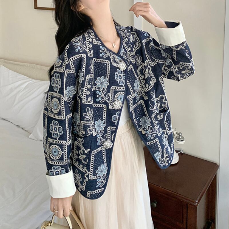 Navy Embroidered Collarless Jewel-Button Jacket S0295