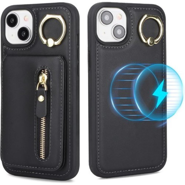 iPhone 15 Plus ケース 分離可 カードケース リング付きケース magsafe対応ケース マグセーフ アイホン15プラス リング付き iPhone 15plus カバー スマホケース アイフォン15 プラス アイホン 15 plus case 適用 iCoverCase リング カード収納 スナップ 横置き スタンド マグネット ファスナー 携帯カバー ブラック 2780