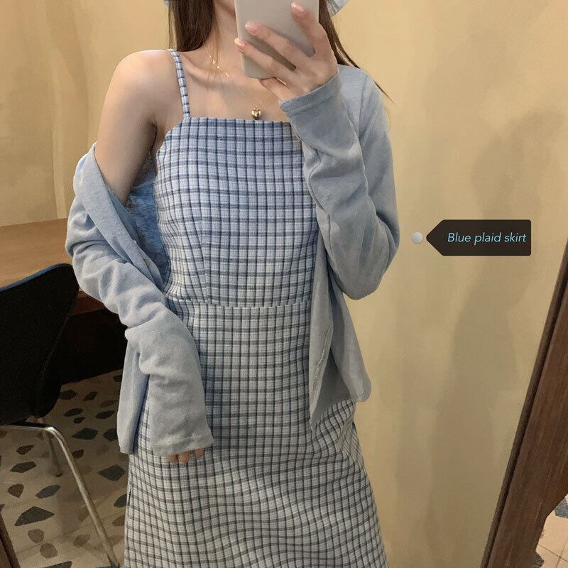 塩と甘いフレンチサスペンダースカートツーピーススーツ2020新しい夏の気質ウエストスリミングチェック柄ドレス女性 1号婦人35166290581
