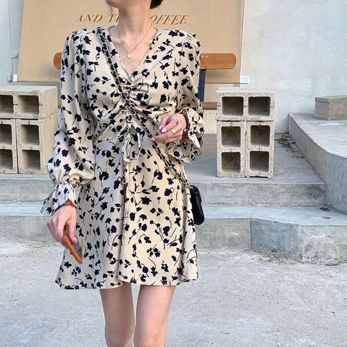 スプリングギャザーシフォンフローラルドレス 春物 花柄 モンロー37479656394