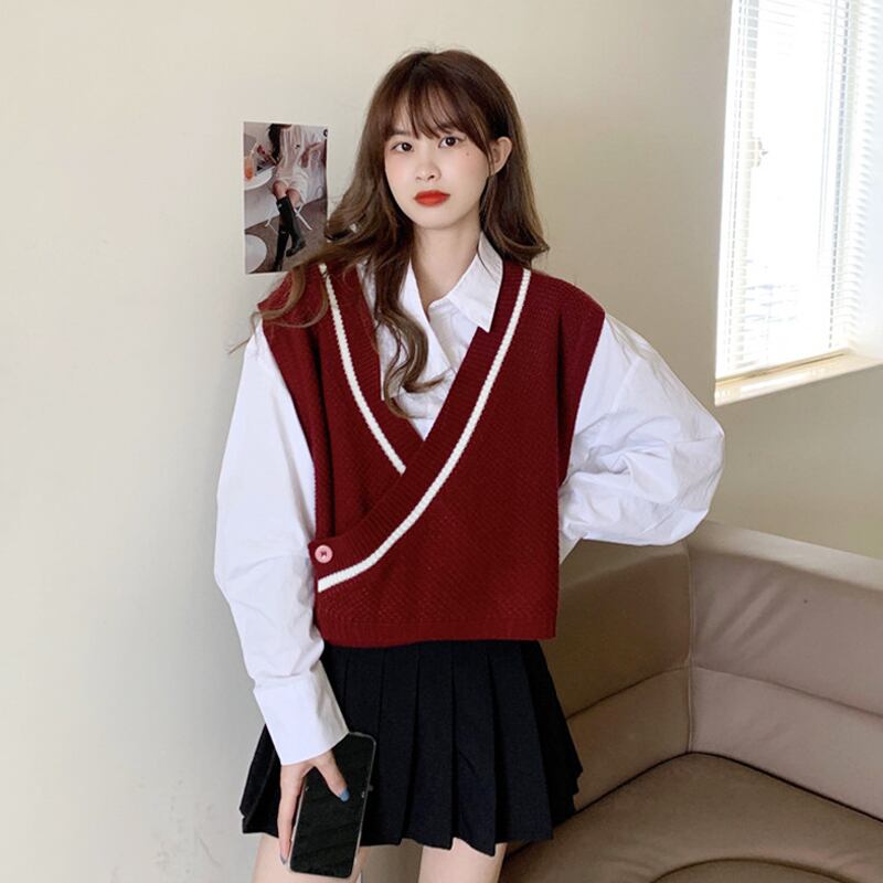 ニットスプリングオータムスタイルショートVネックセーター 春物 秋物 試着室23027420688