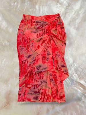 00s France VTG Abstract Print Ruched Midi Skirt