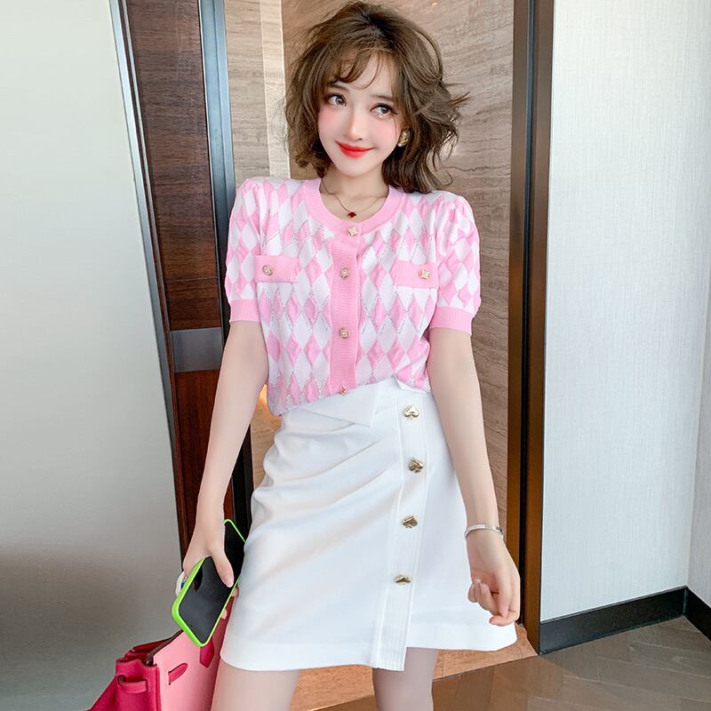 ハイウェストウェストボタン薄手Aラインスカート サマー 夏物 MIUCO94556399451