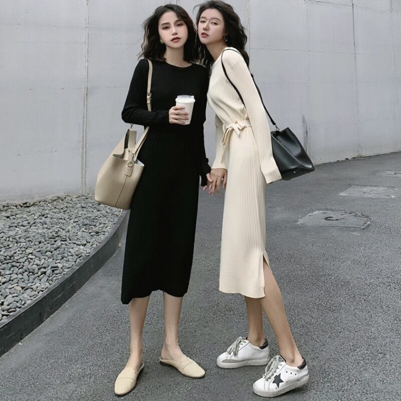 オータムスタンダードウェストニットドレス Aラインブラックスカート レトロ 秋物 YY-ファッション97915291403