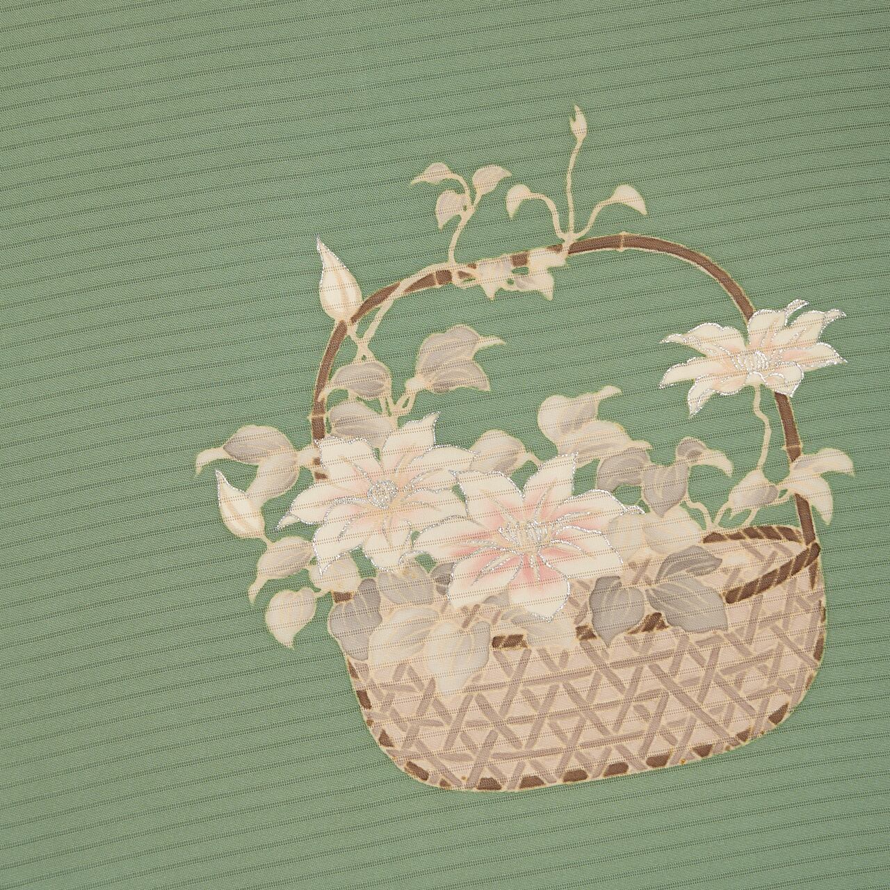 花籠にテッセンのお花の模様 絽塩瀬 夏名古屋帯【未着用品】 | かわの屋