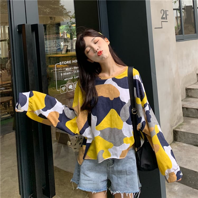 Tシャツ ルーズカラー迷彩プリント柄ラウンドネック長袖 長そで