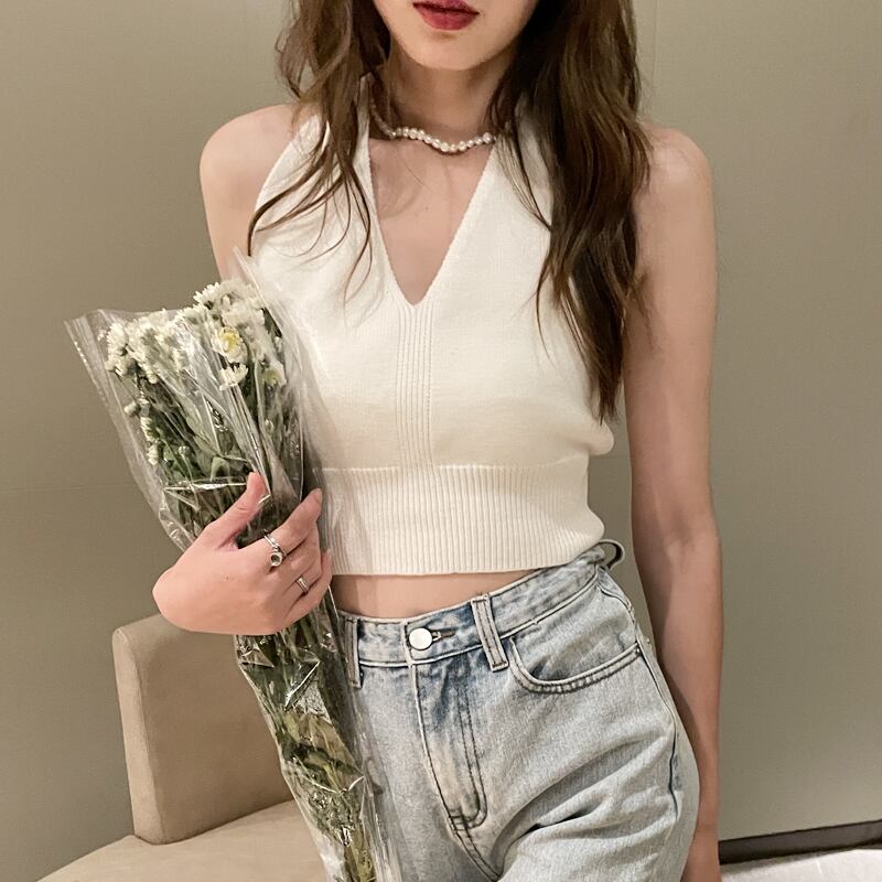 ホワイトVネックホルターニットサマーショートトップス 夏物 スーパーモール58171011973