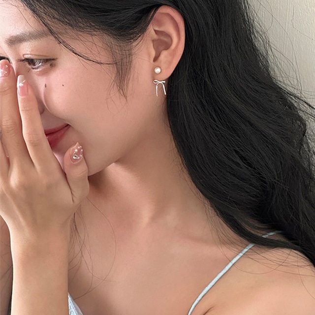 erban真珠&リボンのシルバーピアス