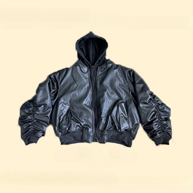 hooded faux leather jacket　フード付きフェイクレザージャケット　J1470