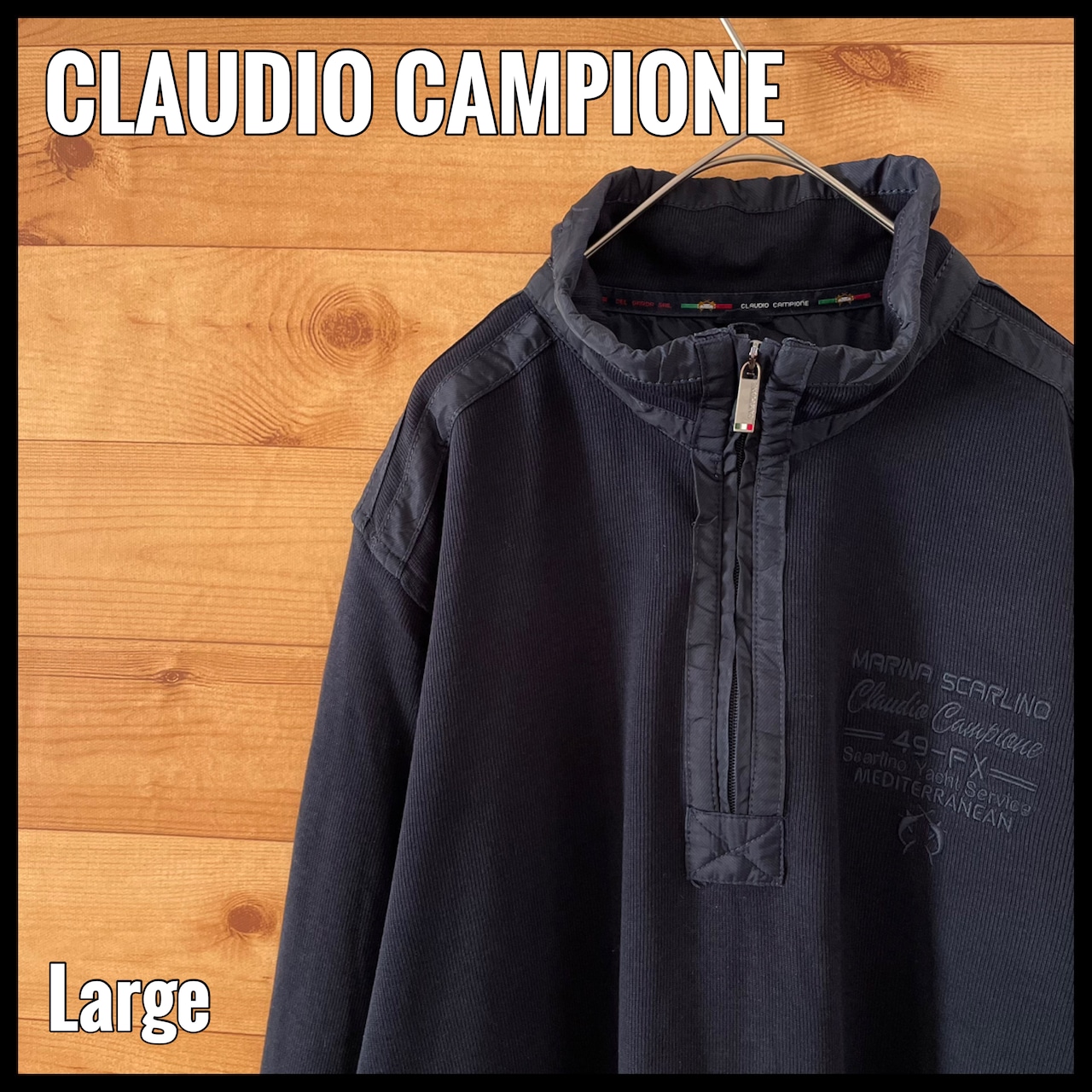 【CLAUDIO CAMPIONE】ハーフジップ スウェット 天竺編 ワンポイント 刺繍 袖ポケット ロゴ L ダークネイビー EU古着 ヨーロッパ古着