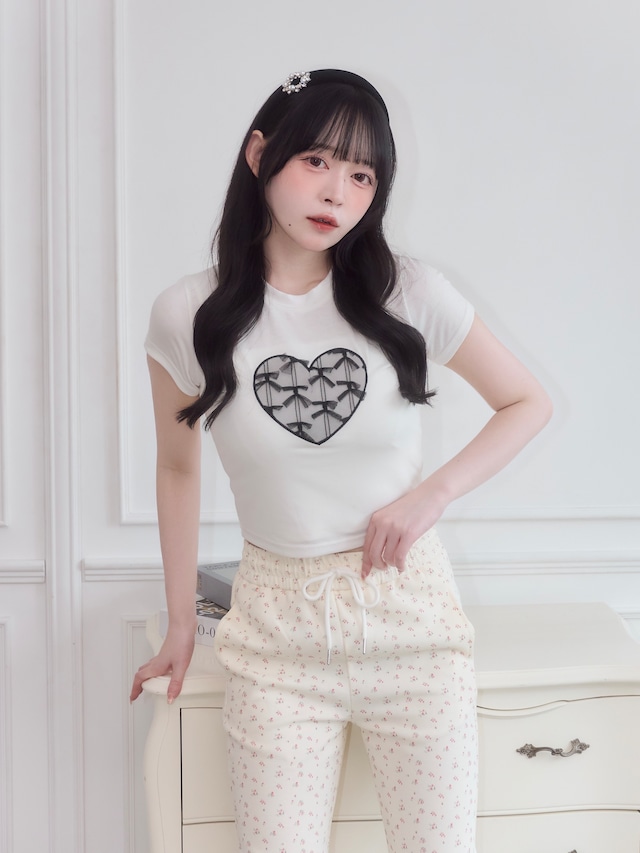 【LAST3】heart lace cropped T-white