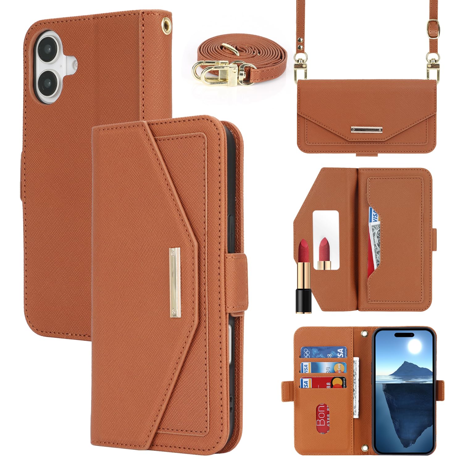 Pelanty for iPhone 16 手帳型ケース 縄掛け 肩掛け首かけ 斜めがけ ショルダー 合成皮革+TPU 携帯カバー 化粧鏡付き ストラップ付き マグネット 財布型カバー ICカードポケット お札入れ小銭入れ大容量 収納ポケット スタンド機能 アイフォン16 6.1インチ(肩縄付き-ブラウン)