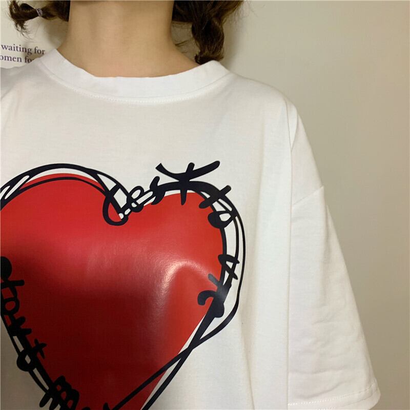 tops】Tシャツハート柄プリント韓国系ラウンドネック気分転換
