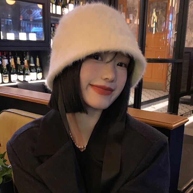 ハット バケットハット レディース 帽子 バケハ もふもふ ふわふわ 秋冬 あたたかい おしゃれ シンプル スタイリッシュ リボン ブラック ホワイト