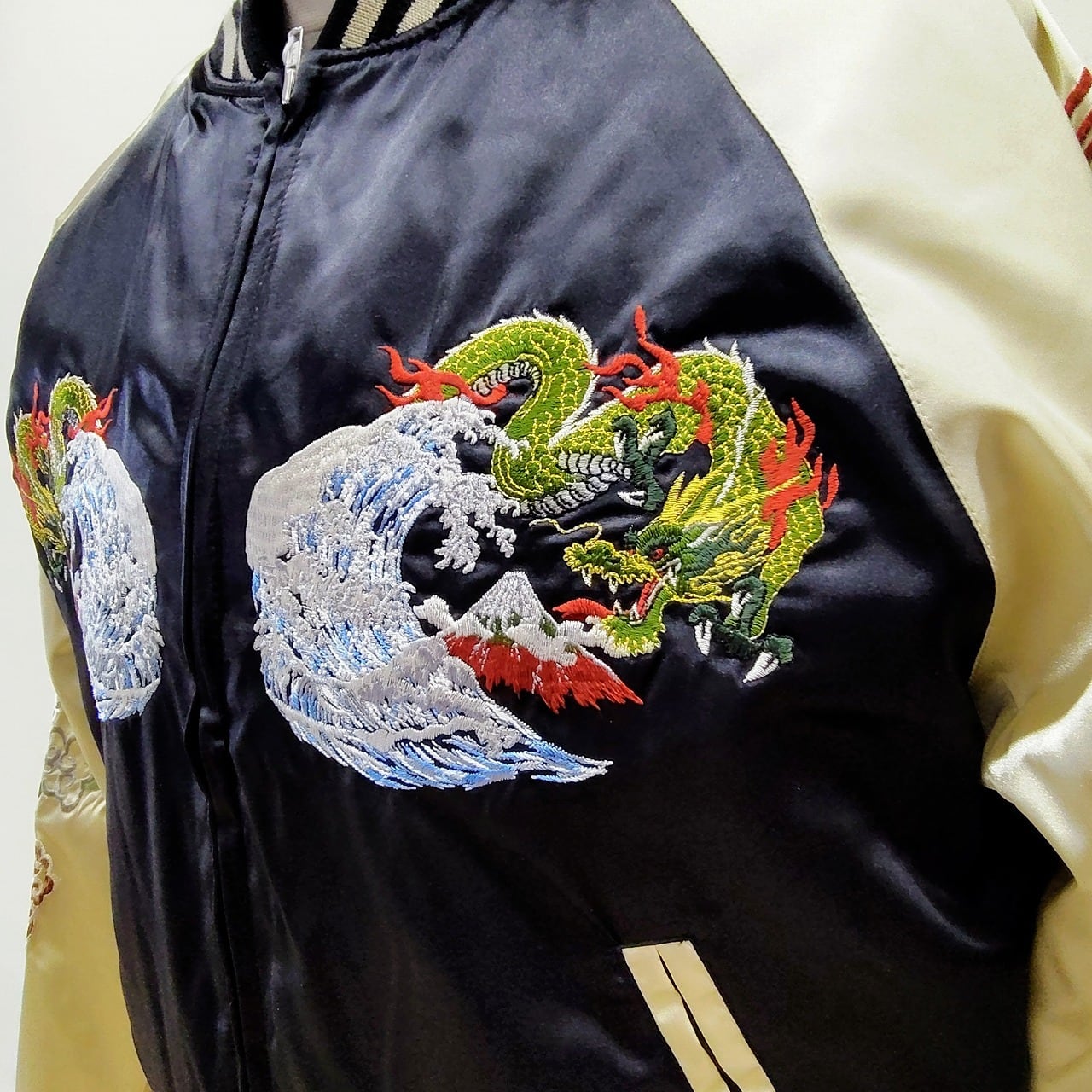 星姫 スカジャン 日本製 波龍 赤富士 昇り龍 ブラック L LL 総刺繍