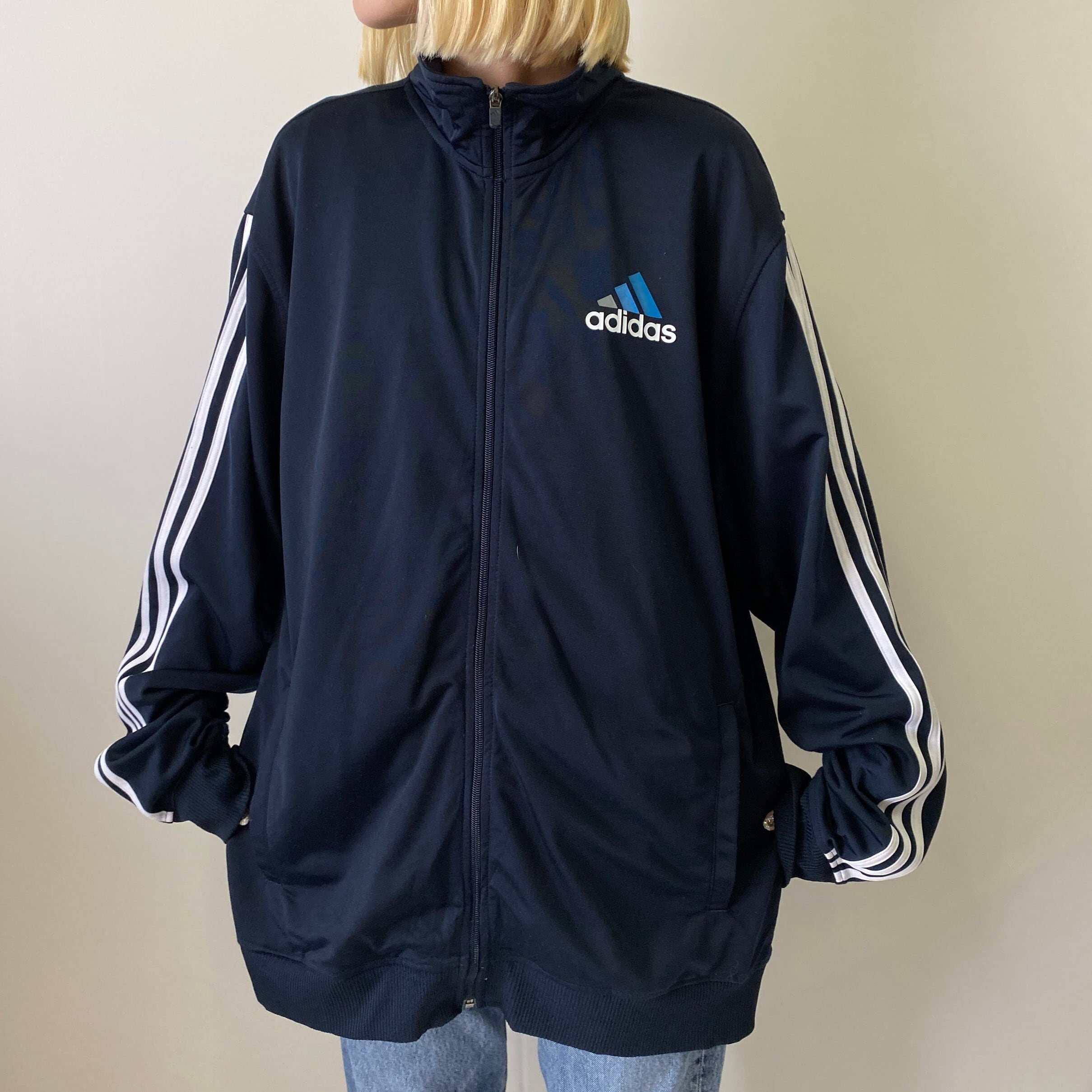 ビッグサイズ 4XL adidas アディダス トラックジャケット 紺 白 ロゴ