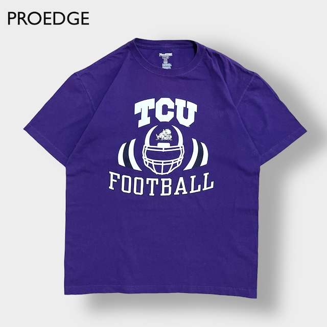 【PROEDGE】TCU カレッジ ロゴ プリントTシャツ テキサスクリスチャン大学 Horned Frogs football フットボール パープル L 半袖 us古着