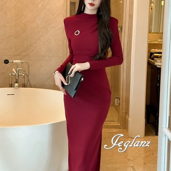 2色 パーティ ドレス ワンピース ドレープ スリット入り タイト(M8299)ζ