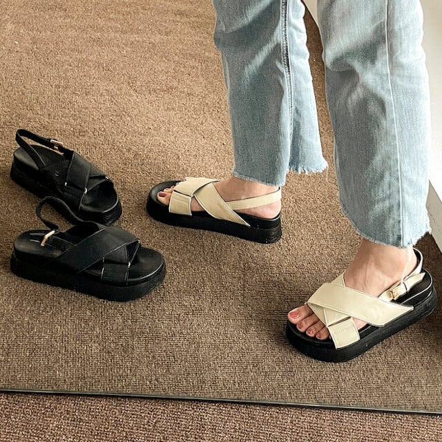 レディース 靴 サンダル クロスベルト 牛革 ブラック/ベージュ スポーツサンダル フラット サンダル 3cm 厚底 22.5cm/23cm/23.5cm/24cm/24.5cm/25cm