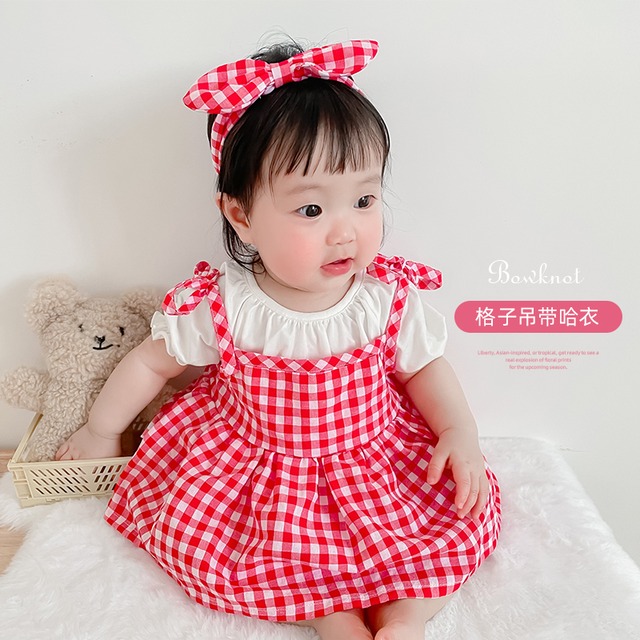 サマー格子柄スカート ロンパース オールインワン ヘアバンド 夏物 超面白いベビーショップ7200015211
