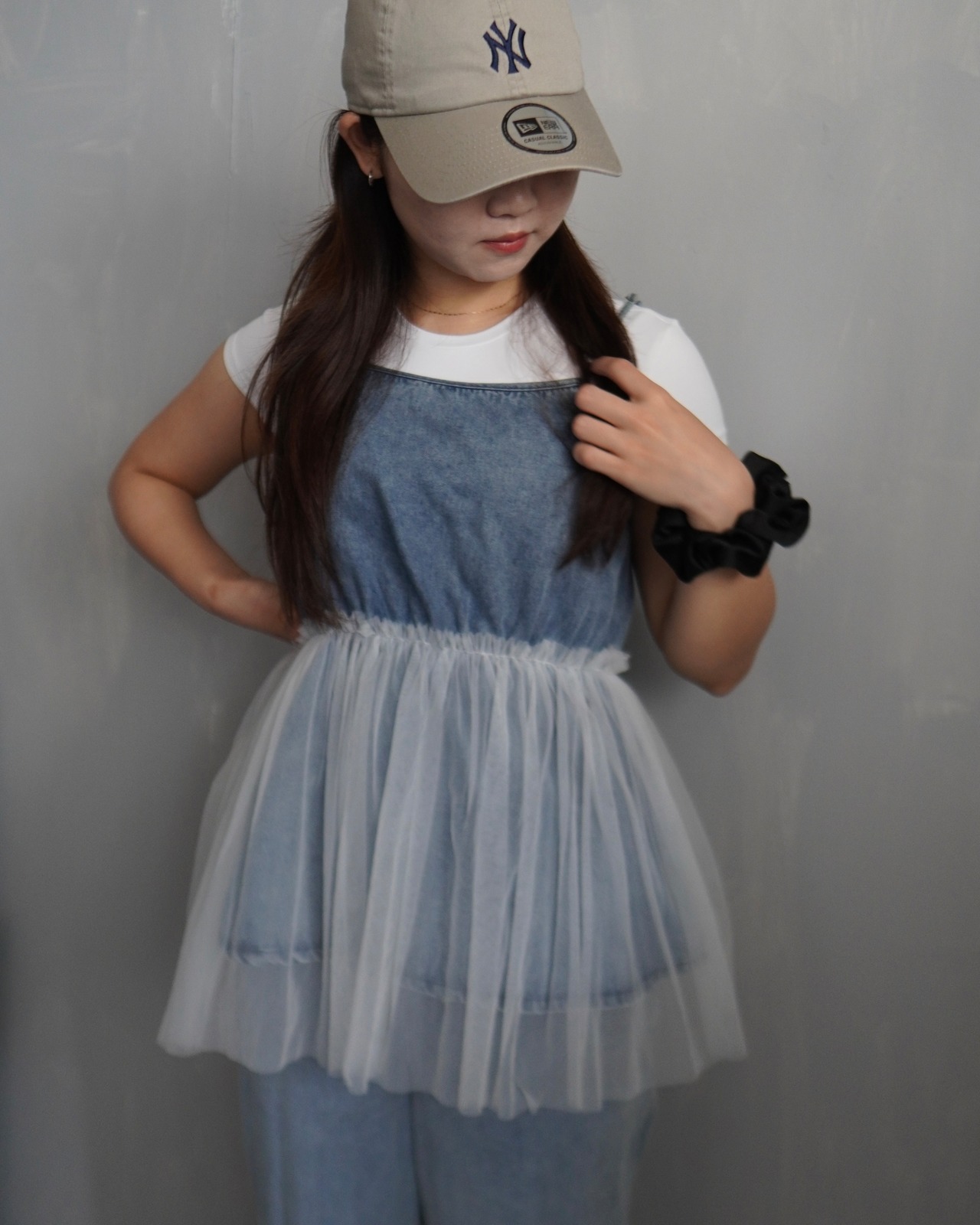 デニムチュール切替ペプラムキャミOP／ブルー