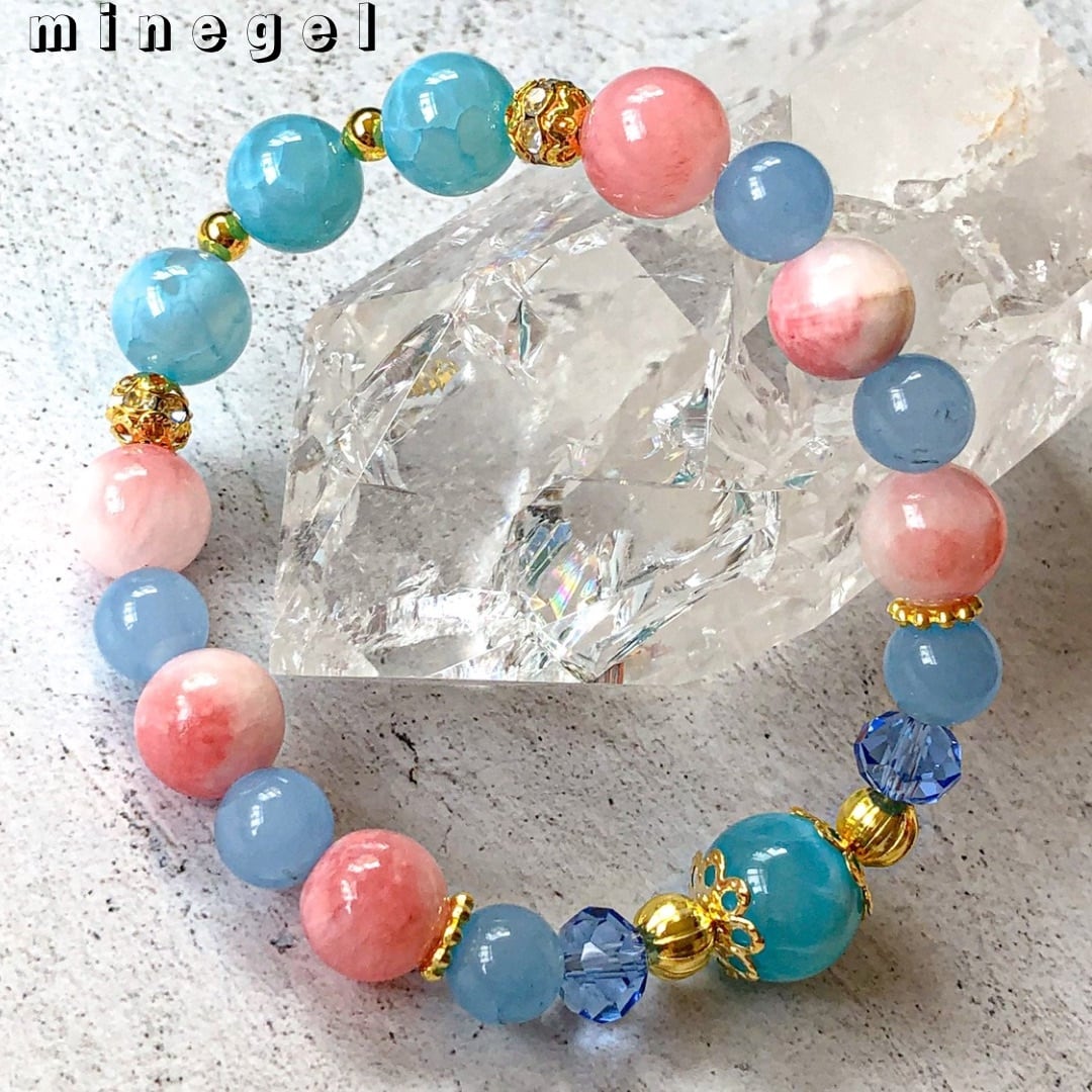 Kaya◆春色✧大粒アクアマリンブレスレット✧14kgf アイランドアクアマリン】希少大粒アクアマリン共生大手腰水晶