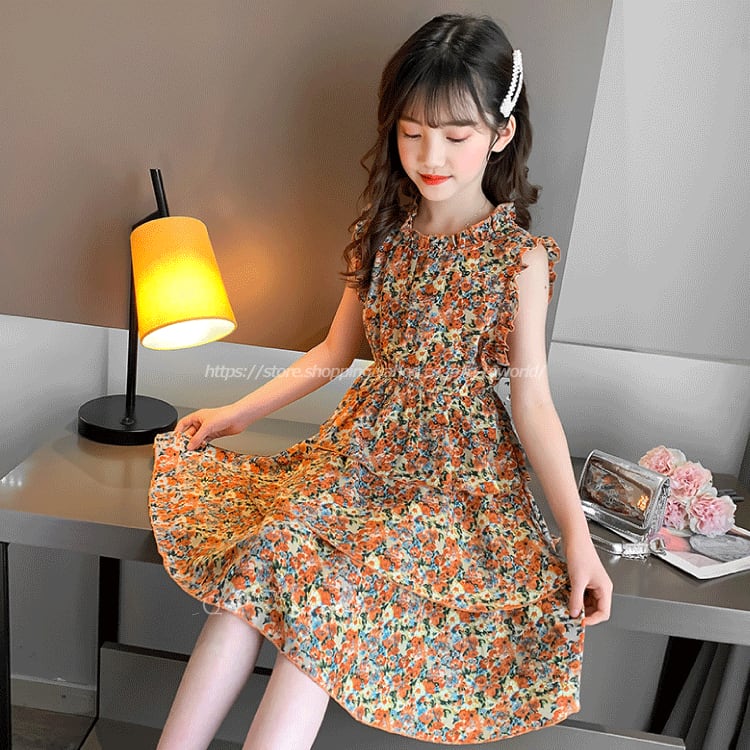 110 160 ワンピース 花柄 シフォン ドレス 女の子 子供服 韓国風 ジュニア キッズ Q Toworld キュートワールド 子供服 メール便は何点でも送料の合計は280円