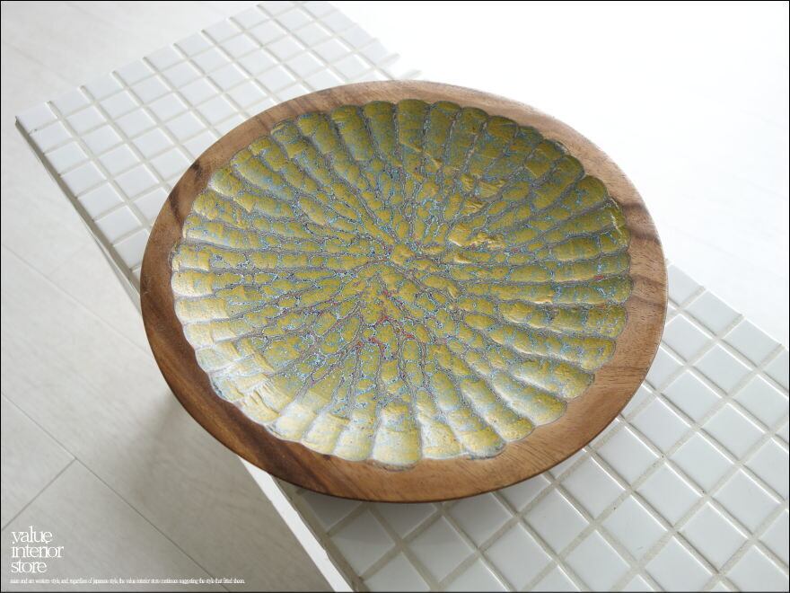 モンキーポッド総無垢材 デコレーショントレイG 小物入れ 飾り皿 木製 菓子器 手作り エスニック ハンドメイド 総無垢 一点物 直径約30cm