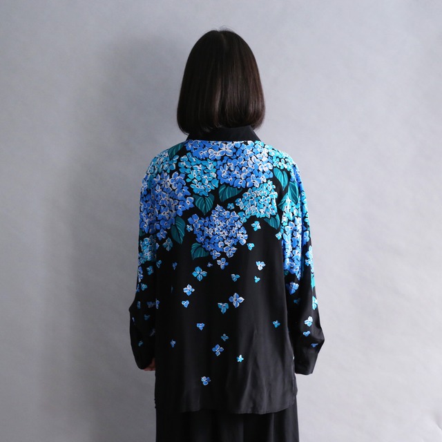 cold color flower and silver beads l/s silk shirt