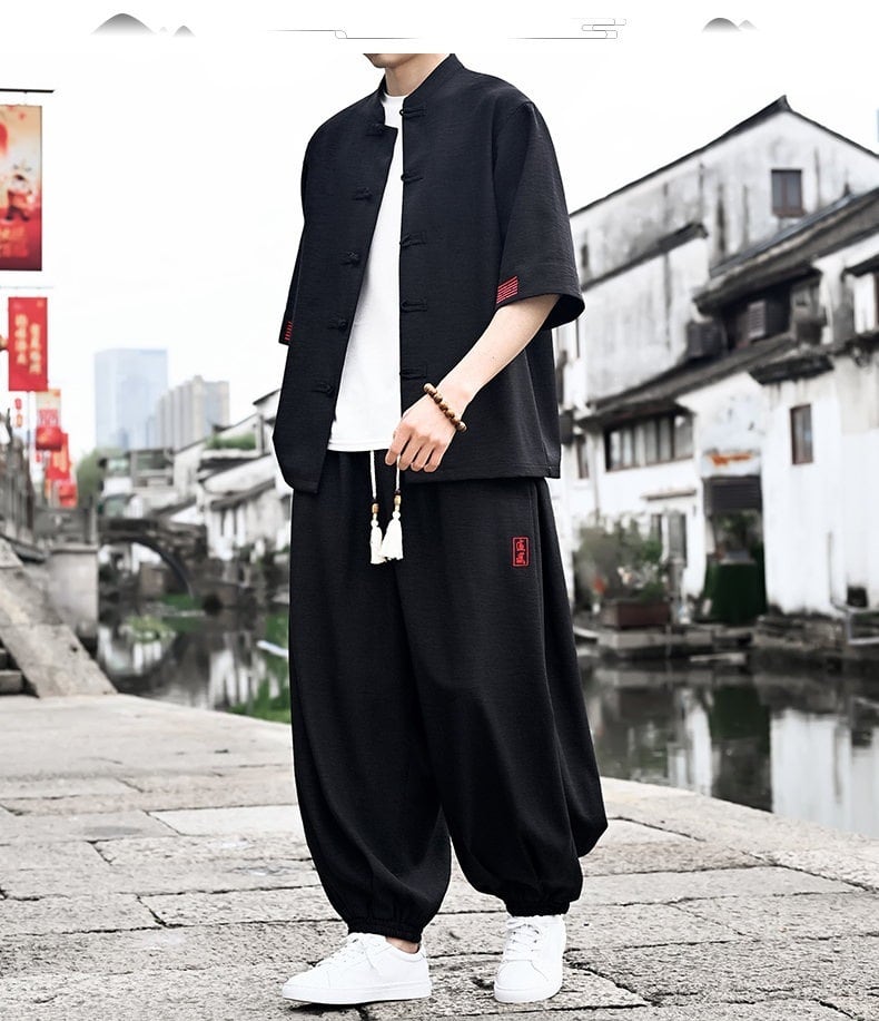 JUNYIシリーズ】☆チャイナ風セットアップ☆ 2color トップス+ズボン 2