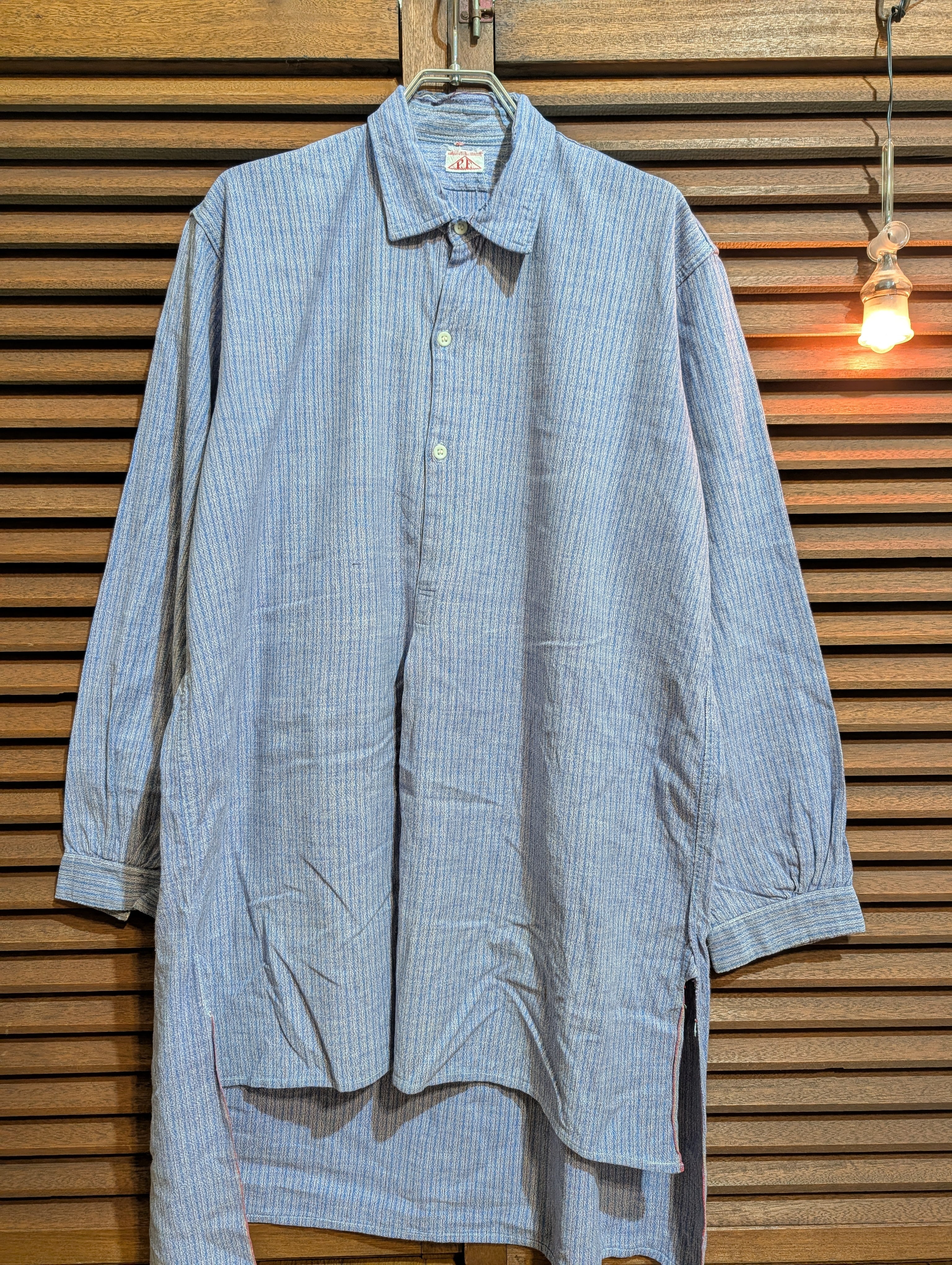40-50s France PF Grandpa Shirt Blue Purple Stripe MilkGlassButton