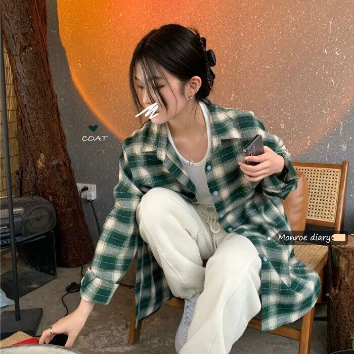 スタンダードグリーン格子柄シャツ スプリングジャケット ロング レトロ 春物 モンロー67205888535