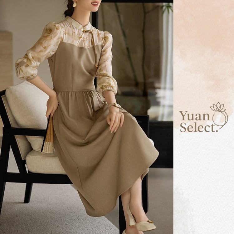 ナチュラル竹葉柄　シフォン切り替えワンピース　YS00114