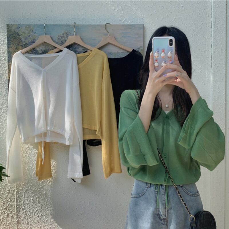 薄手ルーズセーター レディースサマーホワイトシャツ Vネックカーディガンロング 長袖 夏物 YY-ファッション35868468142