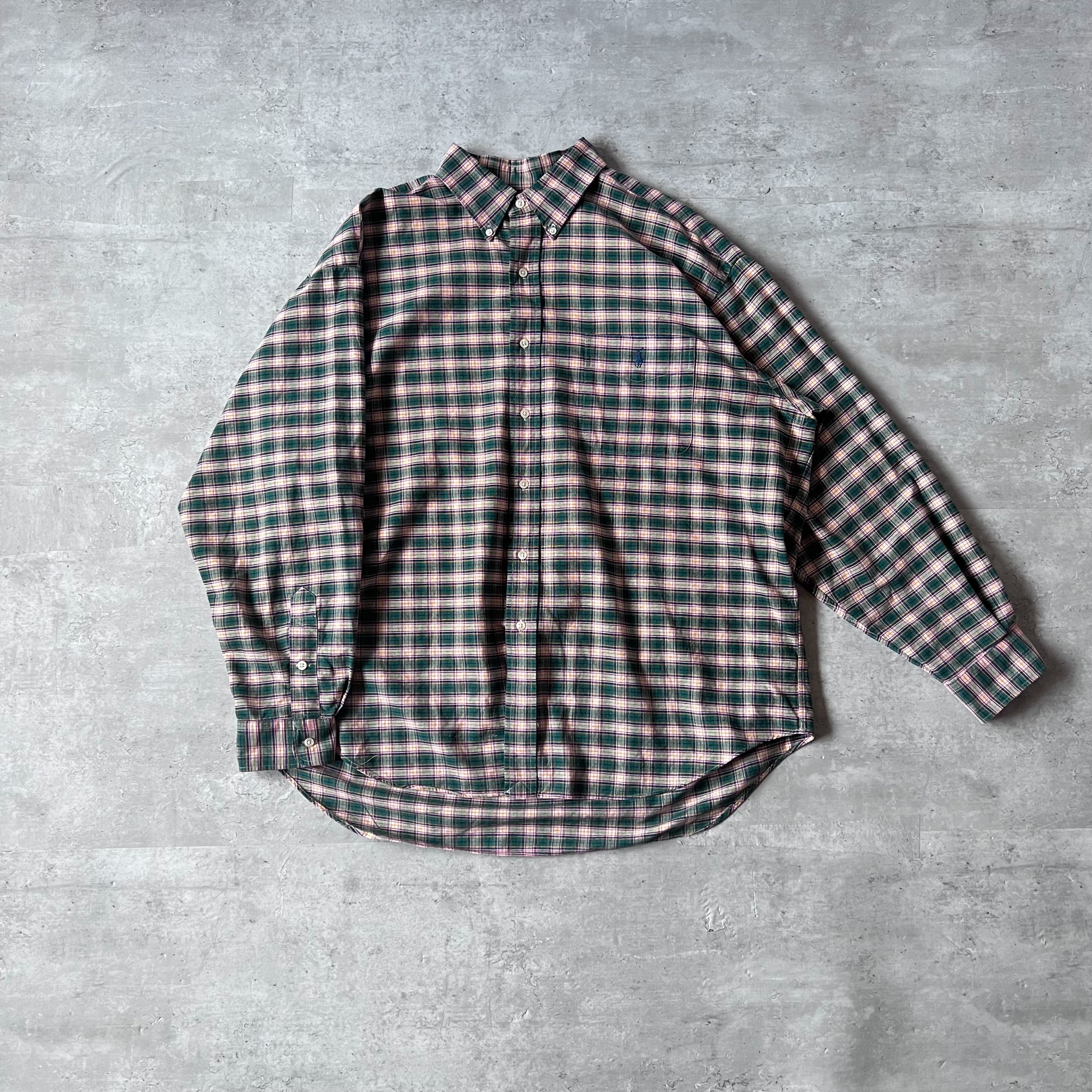 90s “Ralph Lauren” BIG SHIRT green check pattern B.D. shirt 90年代 ラルフローレン  ビッグシャツ XL グリーンチェック ボタンダウンシャツ