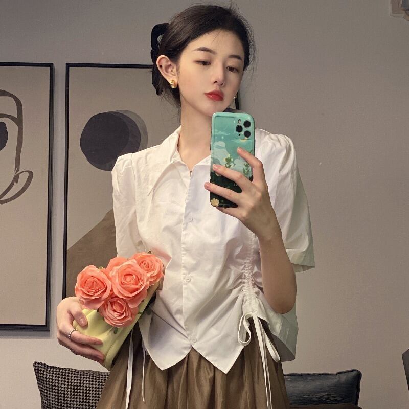 シャツ トップス サマー薄手ギャザーホワイト 大人ガーリー スウィート キュート カジュアル 夏物 1号婦人74689821436