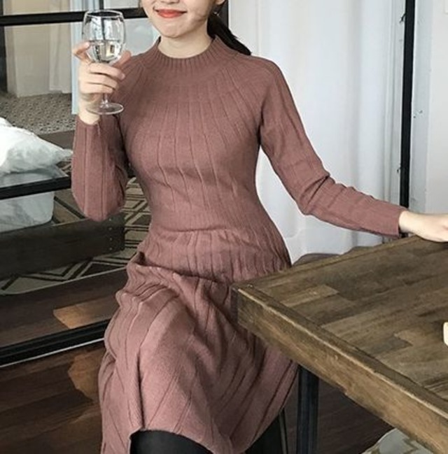 華やか＆ラブリー♪リブニットミディワンピース　２０代・３０代